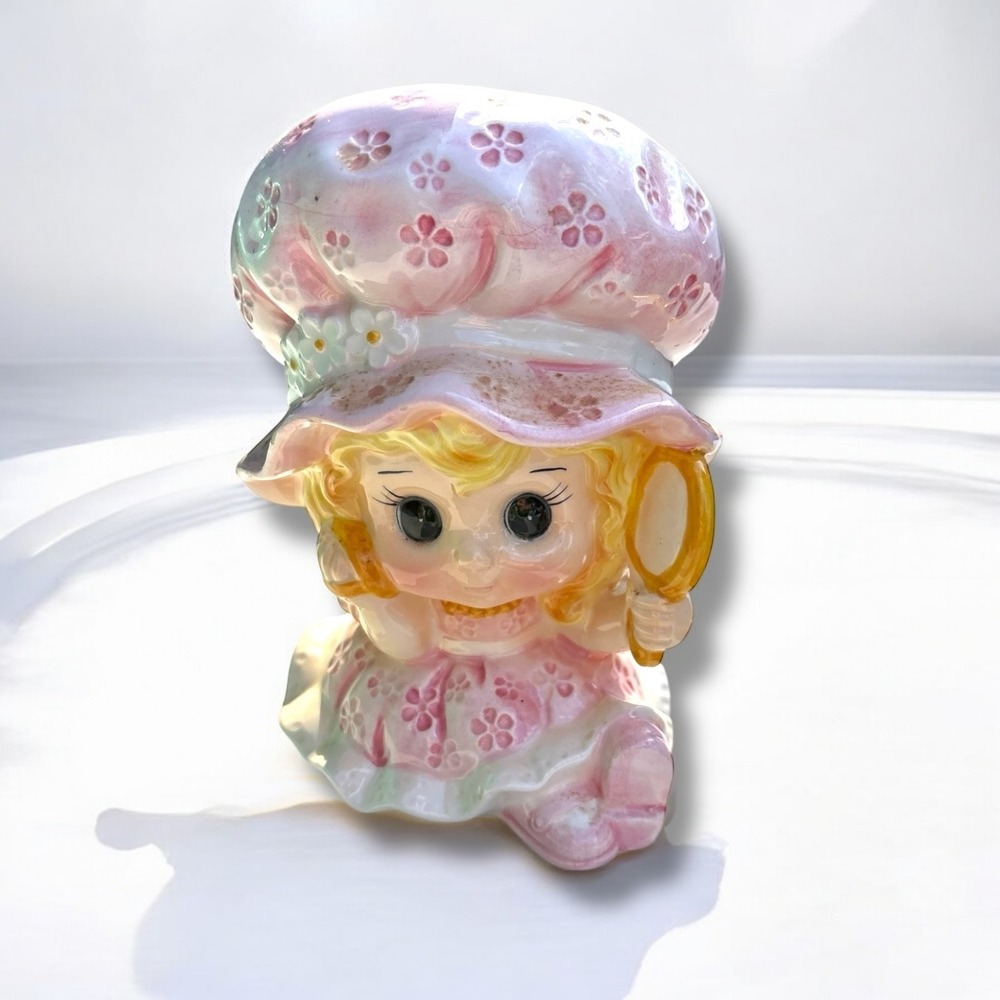 Relpo #6896 Vintage Japan Kitschy Young Girl in Pink Dress w/ Mirror Planter